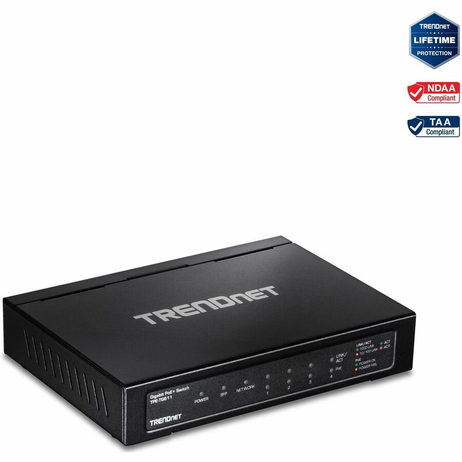 TRENDnet 6-port Gigabit Poe+ Switch; TPE-TG611; 4 X Gigabit Poe+ Ports; 1 X Gigabit Port; 1 X SFP Slot; Supports 100/1000Base-FX Fiber SFP Modules; Ethernet Desktop Network Switch; Lifetime Protection TPE-TG611