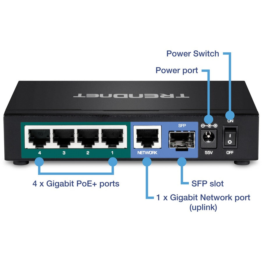 TRENDnet 6-port Gigabit Poe+ Switch; TPE-TG611; 4 X Gigabit Poe+ Ports; 1 X Gigabit Port; 1 X SFP Slot; Supports 100/1000Base-FX Fiber SFP Modules; Ethernet Desktop Network Switch; Lifetime Protection TPE-TG611