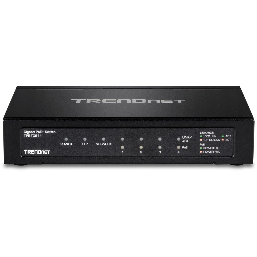 TRENDnet 6-port Gigabit Poe+ Switch; TPE-TG611; 4 X Gigabit Poe+ Ports; 1 X Gigabit Port; 1 X SFP Slot; Supports 100/1000Base-FX Fiber SFP Modules; Ethernet Desktop Network Switch; Lifetime Protection TPE-TG611