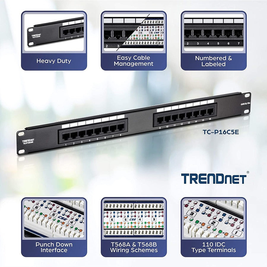 Panneau de brassage non blindé TRENDnet 16 ports Cat5/5e, TC-P16C5E, montage mural ou en rack, 1U 19", connexion 100 MHz, Ethernet/Fast Ethernet/Gigabit Ethernet (1000Base-T), compatible Cat3/Cat4/Cat5 TC-P16C5E