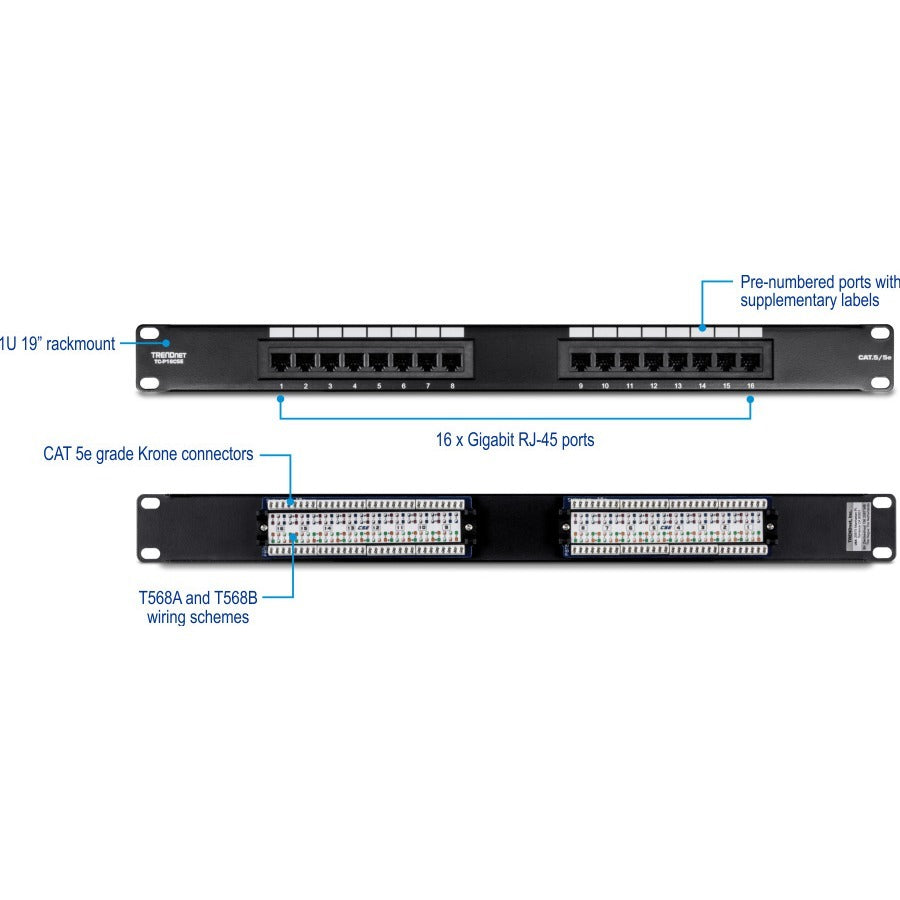 Panneau de brassage non blindé TRENDnet 16 ports Cat5/5e, TC-P16C5E, montage mural ou en rack, 1U 19", connexion 100 MHz, Ethernet/Fast Ethernet/Gigabit Ethernet (1000Base-T), compatible Cat3/Cat4/Cat5 TC-P16C5E