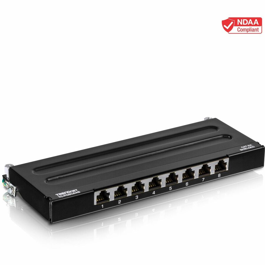 TRENDnet Panneau de brassage blindé Cat6A à 8 ports, prêt pour montage mural, prêt 10G, compatible Cat5e, Cat6, Cat6A, boîtier métallique, étiquetage à code couleur pour câblage T568A et T568B, gestion des câbles, noir, TC-P08C6AS TC-P08C6AS