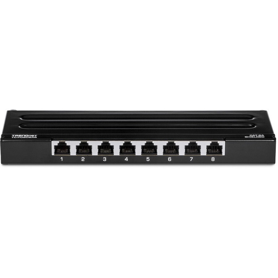 TRENDnet Panneau de brassage blindé Cat6A à 8 ports, prêt pour montage mural, prêt 10G, compatible Cat5e, Cat6, Cat6A, boîtier métallique, étiquetage à code couleur pour câblage T568A et T568B, gestion des câbles, noir, TC-P08C6AS TC-P08C6AS