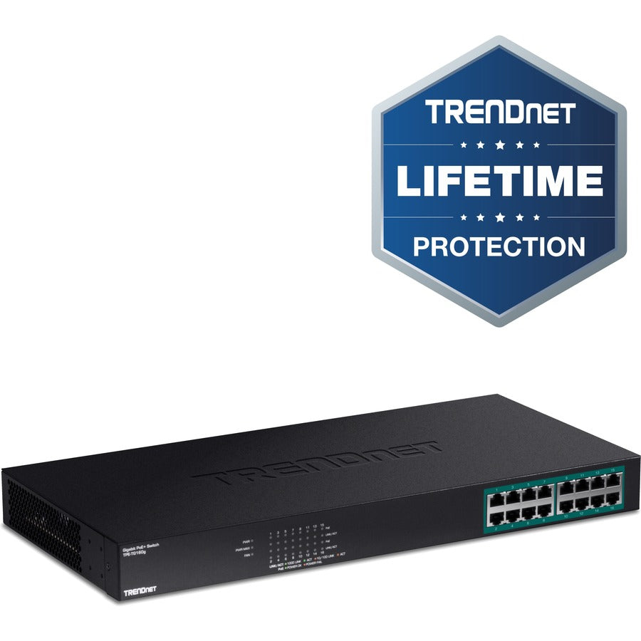 TRENDnet 16-Port Gigabit PoE+ Switch, 16 x Gigabit PoE+ Ports, 246W PoE Power Budget, 32 Gbps Switching Capacity, Desktop Switch, Ethernet Network Switch, Metal, Lifetime Protection, Black, TPE-TG160g TPE-TG160G