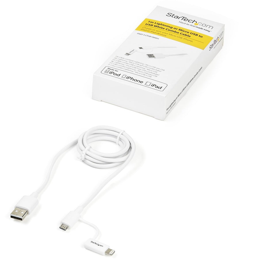 StarTech.com Câble Apple Lightning ou Micro USB vers USB de 1 m (3 pieds) pour iPhone / iPod / iPad - Blanc LTUB1MWH