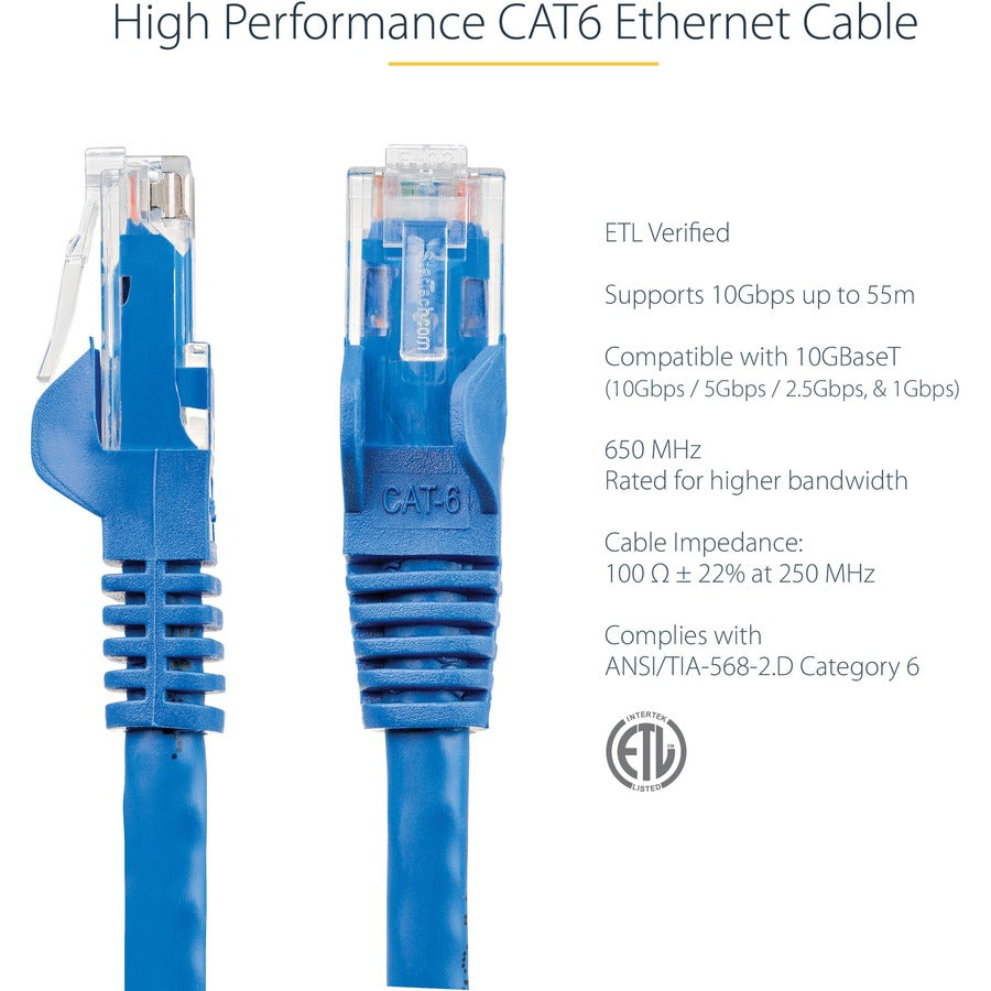 StarTech.com Câble Ethernet CAT6 de 0,9 m – Gigabit sans accroc bleu – Cordon de brassage PoE UTP 650 MHz de catégorie 6 100 W Câblage certifié UL/TIA N6PATCH2BL