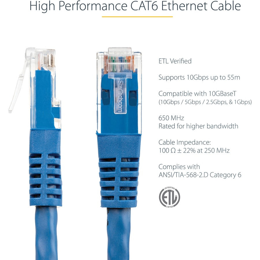 StarTech.com Câble Ethernet CAT6 de 0,3 m – Gigabit moulé bleu – 100 W PoE UTP 650 MHz – Cordon de brassage catégorie 6 Câblage certifié UL/TIA C6PATCH1BL