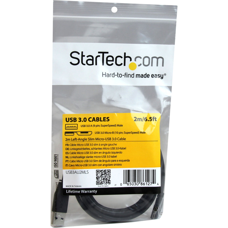 StarTech.com Câble micro USB 3.0 fin de 2 m - M/M - USB 3.0 A vers micro USB à angle gauche - USB 3.1 Gen 1 (5 Gbit/s) USB3AU2MLS