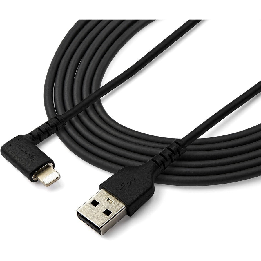 StarTech.com Câble USB A vers Lightning de 2 m pour iPhone iPad Cordon de chargeur noir durable à angle droit de 90 degrés avec fibre aramide Certifié Apple MFI RUSBLTMM2MBR