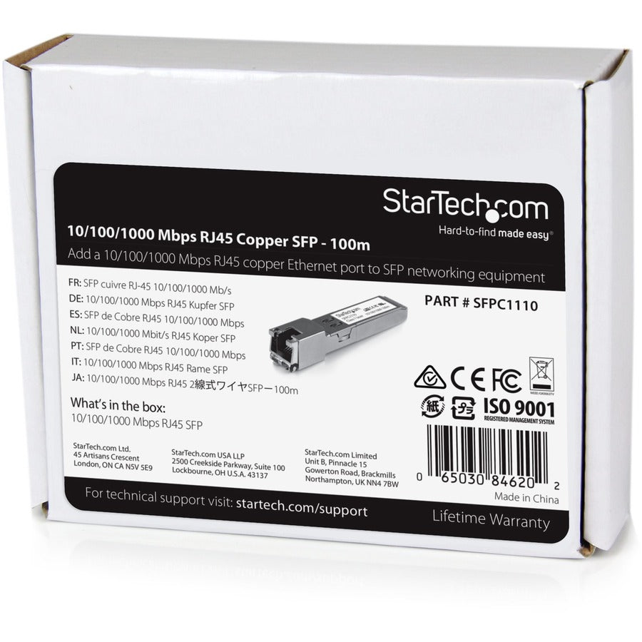 StarTech.com Module SFP compatible Cisco SFP-GE-T - 1000BASE-T - Émetteur-récepteur SFP 10/100/1000 Mbps vers RJ45 Cat6/Cat5e - 100 m SFPC1110