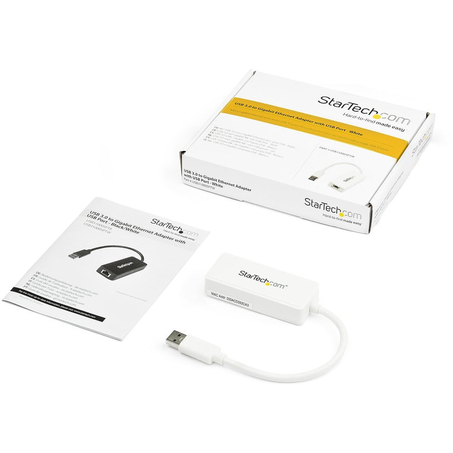 StarTech.com USB 3.0 to Gigabit Ethernet Adapter NIC w/ USB Port - White USB31000SPTW