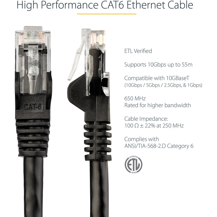 StarTech.com Câble Ethernet CAT6 de 2 pieds - Gigabit sans accroc noir - Cordon de brassage PoE UTP 650 MHz de catégorie 6 100 W Câblage certifié UL/TIA N6PATCH2BK