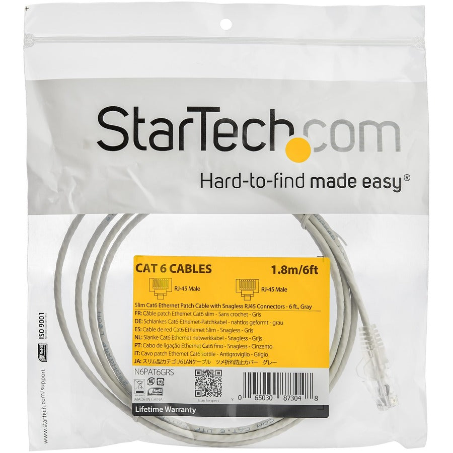 StarTech.com 6 ft CAT6 Cable - Slim CAT6 Patch Cord - Gray - Snagless RJ45 Connectors - Gigabit Ethernet Cable - 28 AWG - LSZH (N6PAT6GRS) N6PAT6GRS