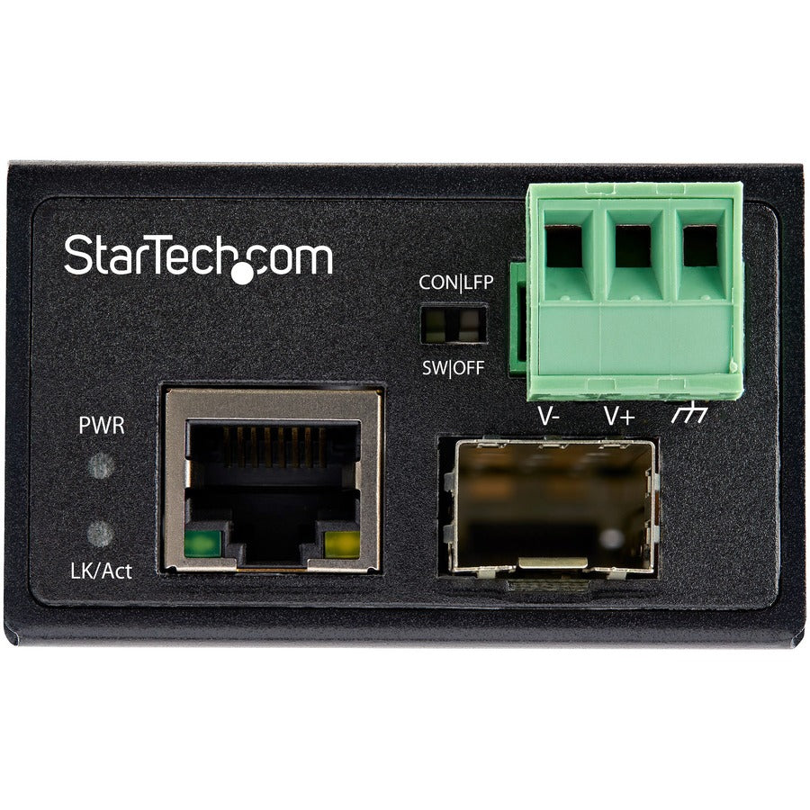 StarTech.com Convertisseur de média industriel fibre vers Ethernet – 100 Mbps SFP vers RJ45/CAT6 SM/MM – Réseau fibre vers cuivre – Entrée IP-30 12 V IMC100MSFP