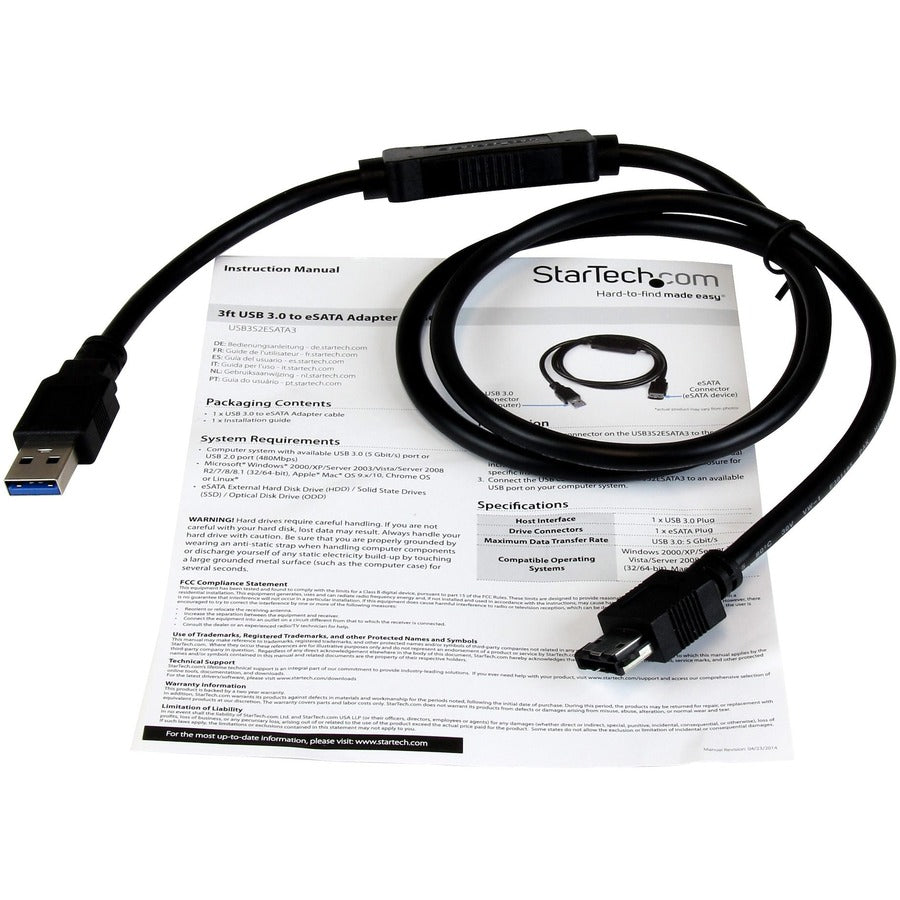 StarTech.com USB 3.0 to eSATA HDD / SSD / ODD Adapter Cable - 3ft eSATA Hard Drive to USB 3.0 Adapter Cable - SATA 6 Gbps USB3S2ESATA3