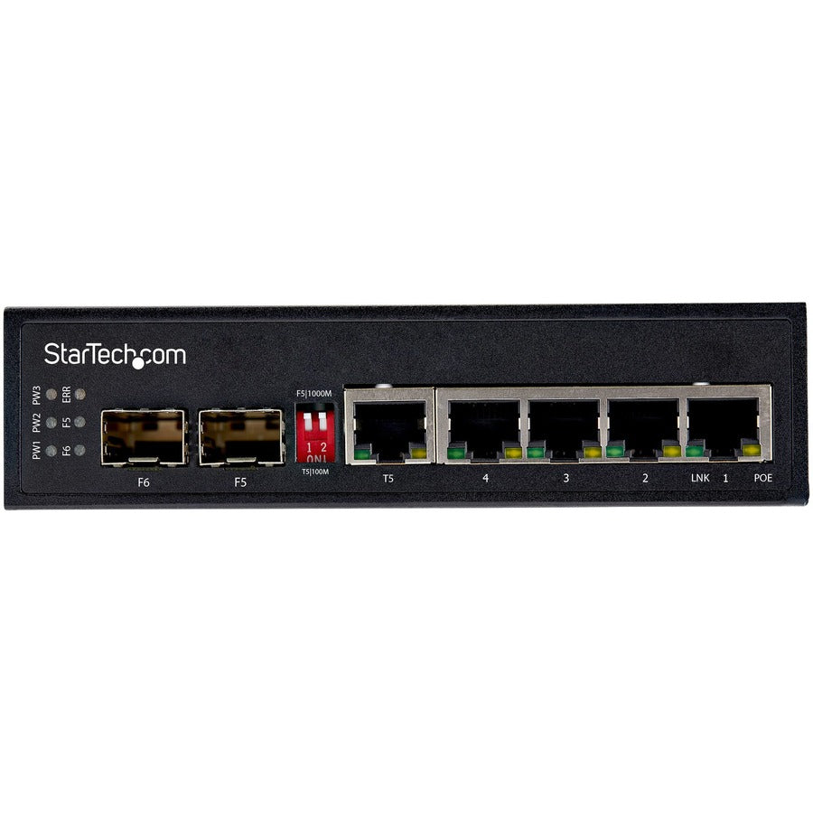 StarTech.com Industrial 6 Port Gigabit Ethernet Switch 4 PoE RJ45 +2 SFP Slots 30W PoE+ 48VDC 10/100/1000 Mbps -40C to 75C w/DIN Connector IES1G52UPDIN