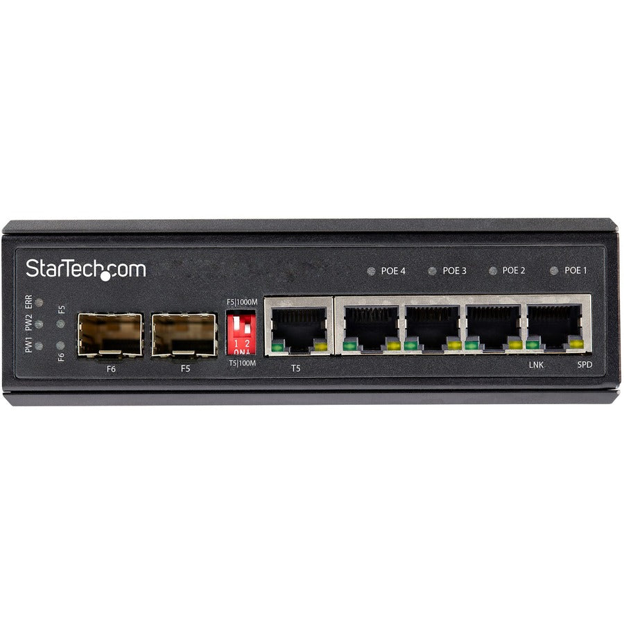 StarTech.com Industrial 6 Port Gigabit Ethernet Switch w/4 PoE RJ45 +2 SFP Slots 30W 802.3at PoE+ 12-48VDC 10/100/1000 Mbps -40C to 75C IES1G52UP12V