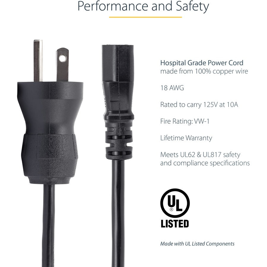 StarTech.com 3ft (1m) Hospital Grade Power Cord, 18AWG, NEMA 5-15P to C13, 10A 125V, Green Dot Medical Power Cable, Monitor Power Cable PXTMG1013