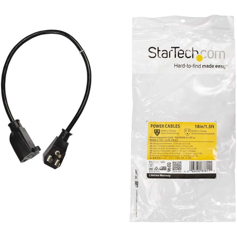 StarTech.com Rallonge d'alimentation de 0,45 m, plate NEMA 5-15P vers NEMA 5-15R, 10 A 125 V, 18 AWG, noir, câble d'extension de prise plate PACF10118IN