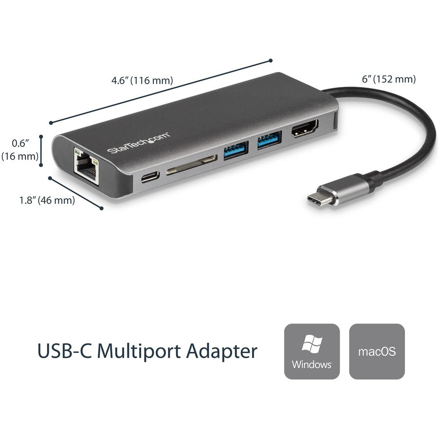 StarTech.com USB C Multiport Adapter - Portable USB Type-C Travel Dock - 4K HDMI, 2-pt USB Hub, SD, GbE, 60W PD Pass-Through - Laptop Dock DKT30CSDHPD