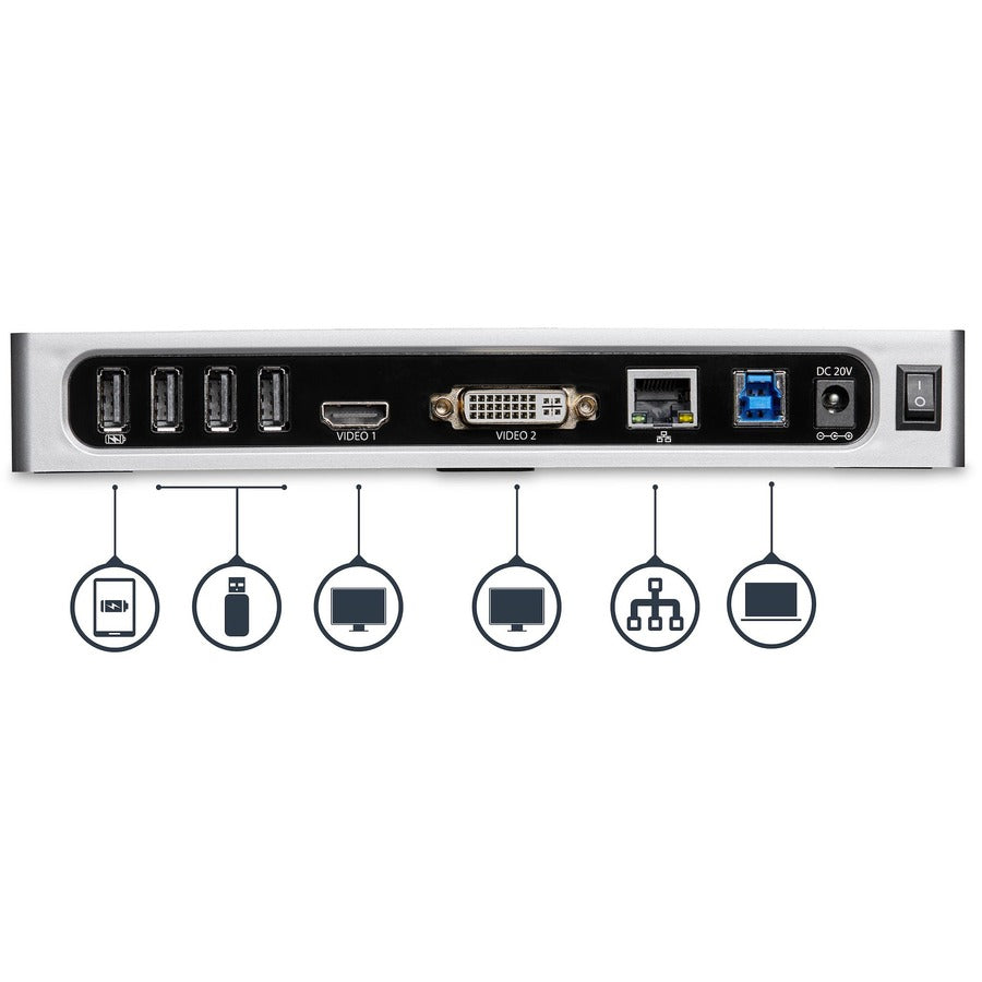 StarTech.com USB 3.0 Docking Station - Dual Monitor Laptop Dock with HDMI & DVI/VGA - 6x USB Type-A Hub, GbE - Universal Windows & Mac DK30ADD