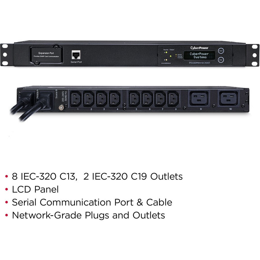 CyberPower PDU20MHVIEC10AT Metered ATS PDU 200-240V 20A 1U 10-Outlets (2) IEC C20 PDU20MHVIEC10AT