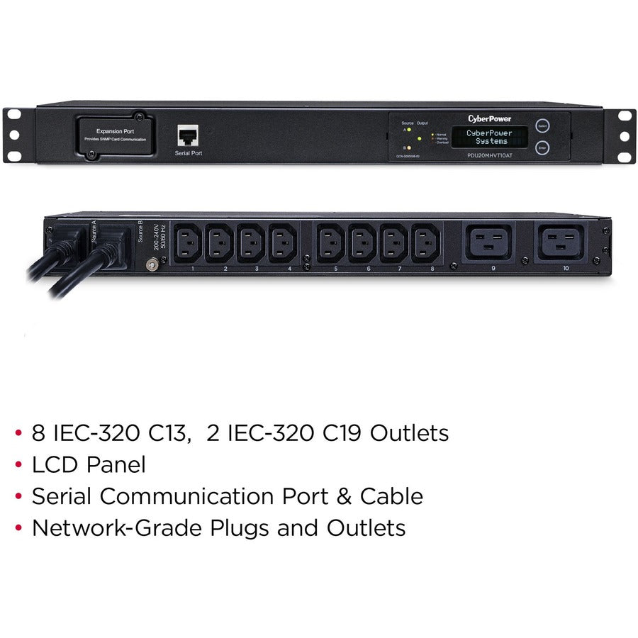 CyberPower PDU20MHVT10AT PDU ATS mesuré 200-240 V 20 A 1U 10 prises (2) L6-20P PDU20MHVT10AT