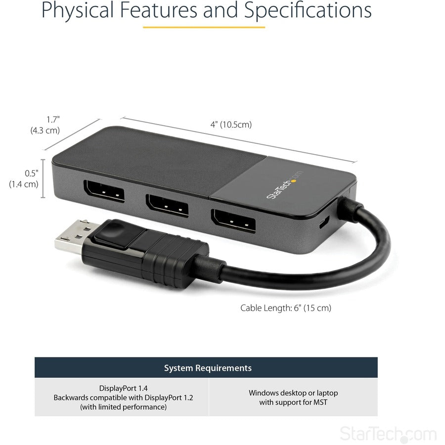 StarTech.com Adaptateur multi-écran 3 ports, DisplayPort 1.4 vers triple répartiteur vidéo DP 4K ou double 4K, adaptateur d'affichage DisplayPort MST Hub MST14DP123DP