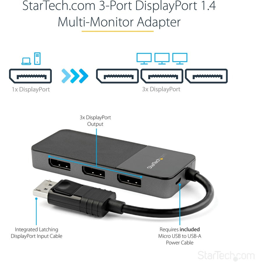 StarTech.com 3-Port Multi Monitor Adapter, DisplayPort 1.4 to Triple 4K DP Video Splitter or Dual 4K, DisplayPort MST Hub Display Adapter MST14DP123DP