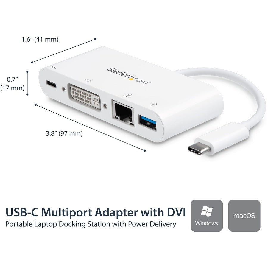 StarTech.com Adaptateur multiport USB C vers vidéo DVI-D (numérique) - 60 W PD Passthrough/GbE/USB-A - Mini station d'accueil USB Type-C/Thunderbolt 3 portable DKT30CDVPD