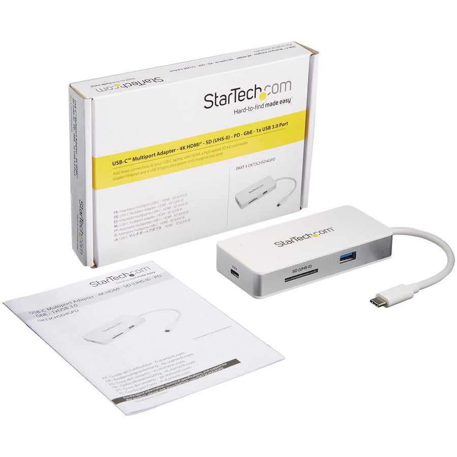 StarTech.com USB C Multiport Adapter - 4K HDMI - SD / SDHC / SDXC Slot (UHS-II) - Power Delivery - GbE - USB 3.0 Port - USB C Adapter - USB C Hub DKT3CHSD4GPD