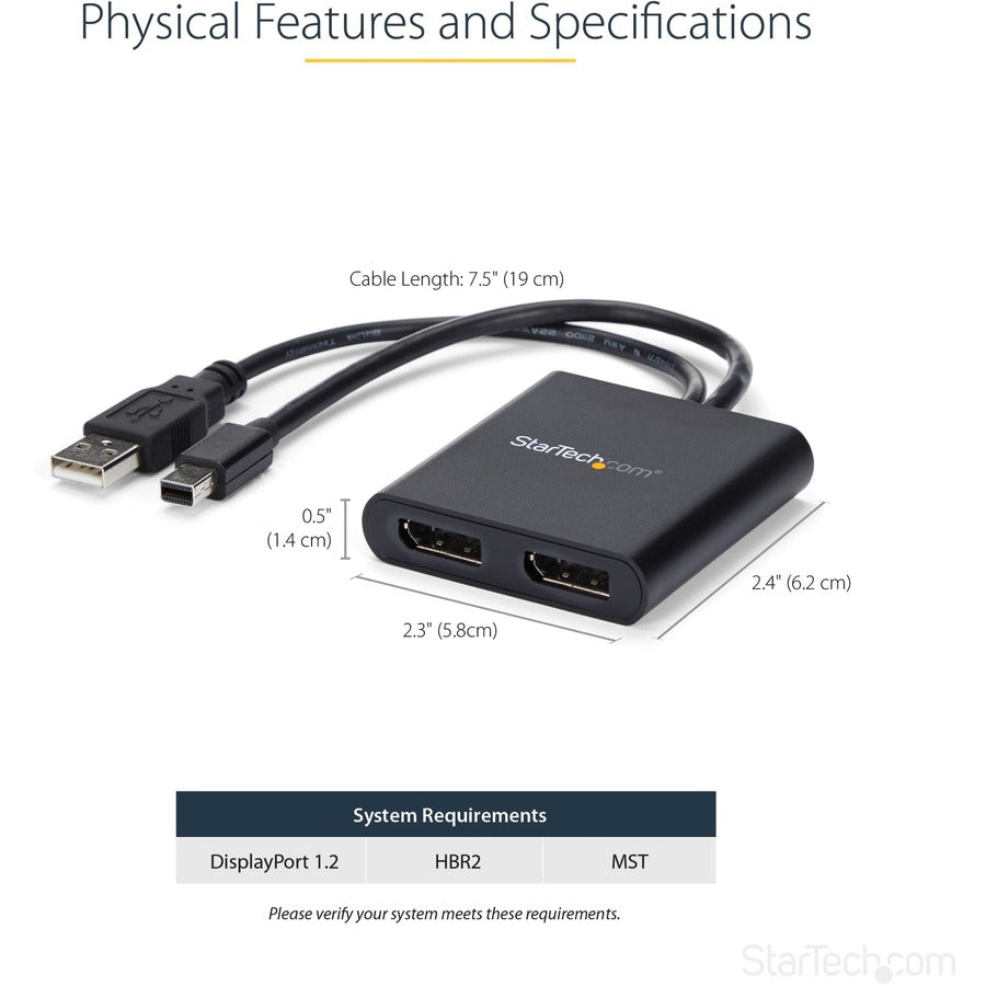 StarTech.com 2-Port Multi Monitor Adapter, Mini DisplayPort to DP MST Hub, Dual 4K 30Hz, Video Splitter for Extended Desktop Mode, Windows MSTMDP122DP