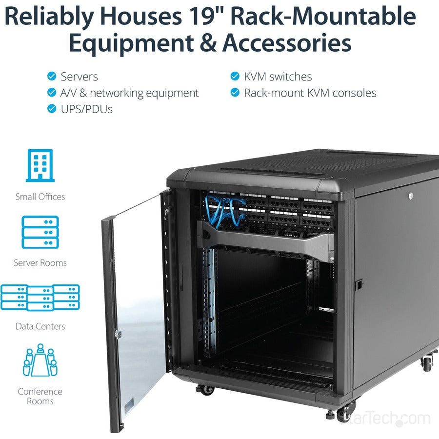 StarTech.com 12U AV Rack Cabinet - Network Rack with Glass Door - 19 inch Computer Cabinet for Server Room or Office (RK1236BKF) RK1236BKF