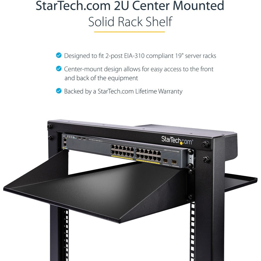 StarTech.com 2U 19" 2-Post Network Rack Cabinet Shelf 20in Deep Center Mount Cantilever Tray Rackmount for AV/Data Equipment 75lb Capacity CABSHF2POST2