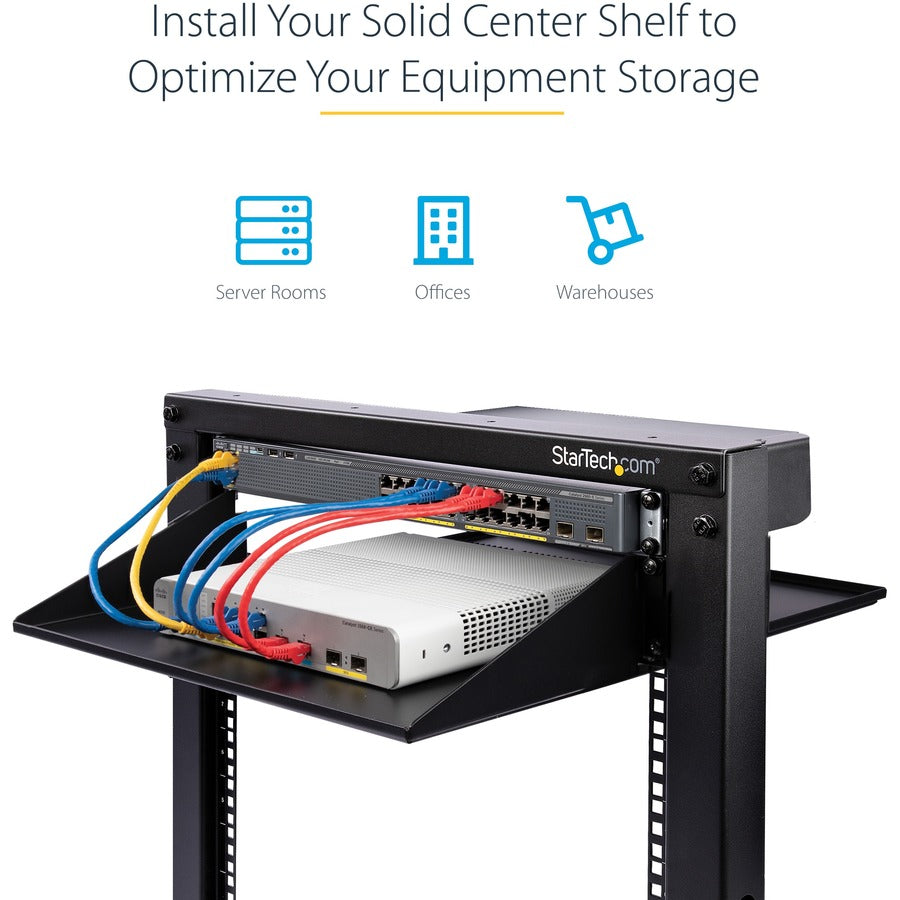 StarTech.com 2U 19" 2-Post Network Rack Cabinet Shelf 20in Deep Center Mount Cantilever Tray Rackmount for AV/Data Equipment 75lb Capacity CABSHF2POST2