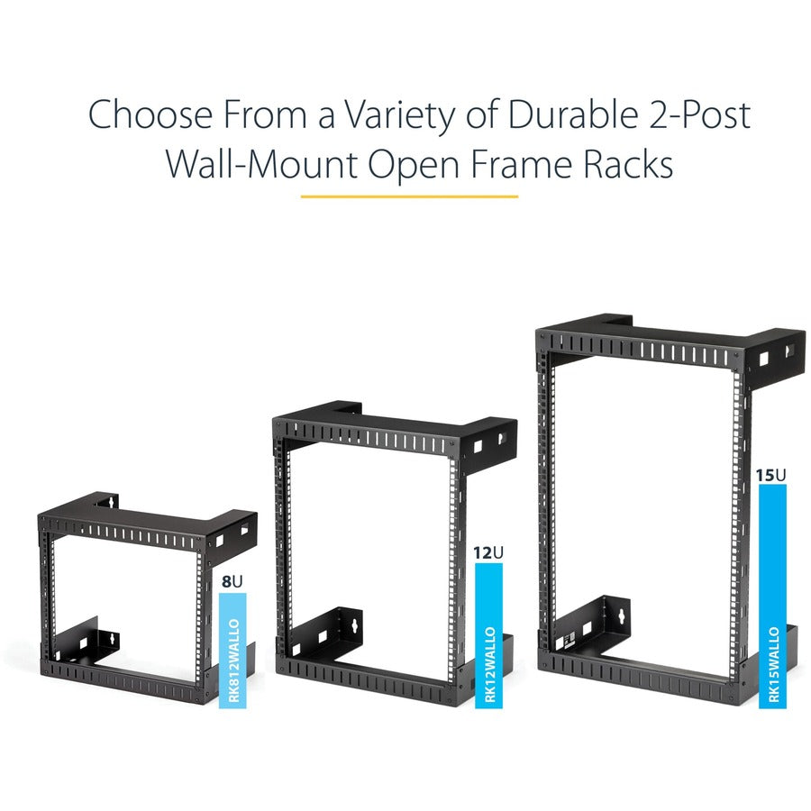 StarTech.com 15U 19" Wall Mount Network Rack, 12" Deep 2 Post Open Frame Server Room Rack for Data/AV/IT/Computer Equipment/Patch Panel with Cage Nuts & Screws 200lb Weight Capacity, Black RK15WALLO