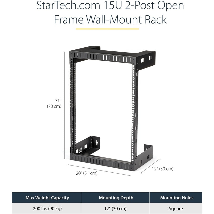 StarTech.com 15U 19" Wall Mount Network Rack, 12" Deep 2 Post Open Frame Server Room Rack for Data/AV/IT/Computer Equipment/Patch Panel with Cage Nuts & Screws 200lb Weight Capacity, Black RK15WALLO