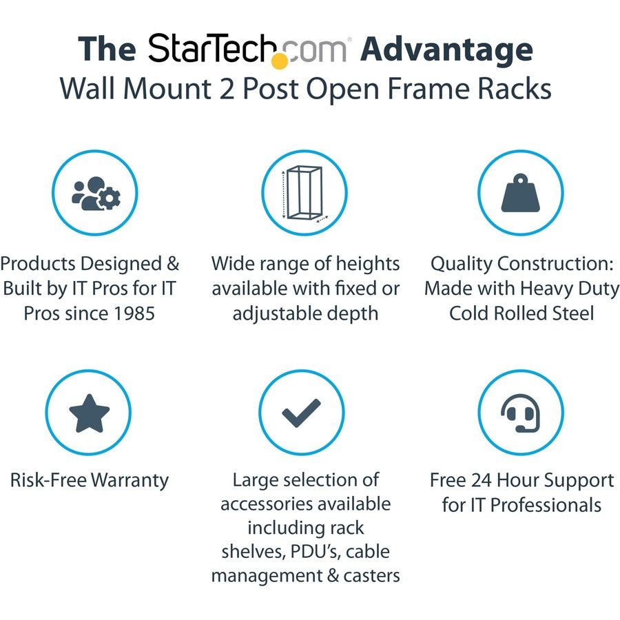 StarTech.com 15U 19" Wall Mount Network Rack, 12" Deep 2 Post Open Frame Server Room Rack for Data/AV/IT/Computer Equipment/Patch Panel with Cage Nuts & Screws 200lb Weight Capacity, Black RK15WALLO