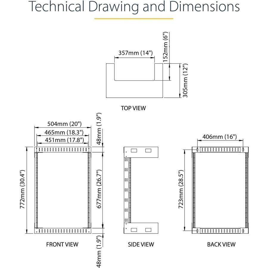 StarTech.com Rack réseau mural 15U 19", 12" de profondeur, 2 montants, cadre ouvert, pour salle de serveur, données/AV/informatique/équipement informatique/panneau de brassage avec écrous cage et vis, capacité de poids de 90 kg, noir RK15WALLO