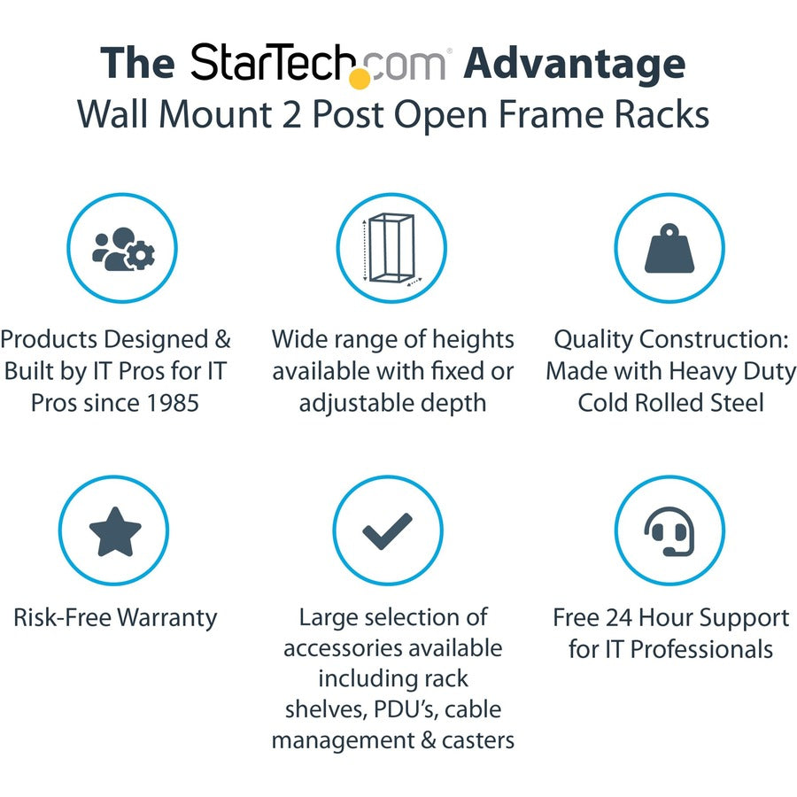 StarTech.com 12U 19" Wall Mount Network Rack, 12" Deep 2 Post Open Frame Server Room Rack for Data/AV/IT/Computer Equipment/Patch Panel with Cage Nuts & Screws 200lb Weight Capacity, Black RK12WALLO