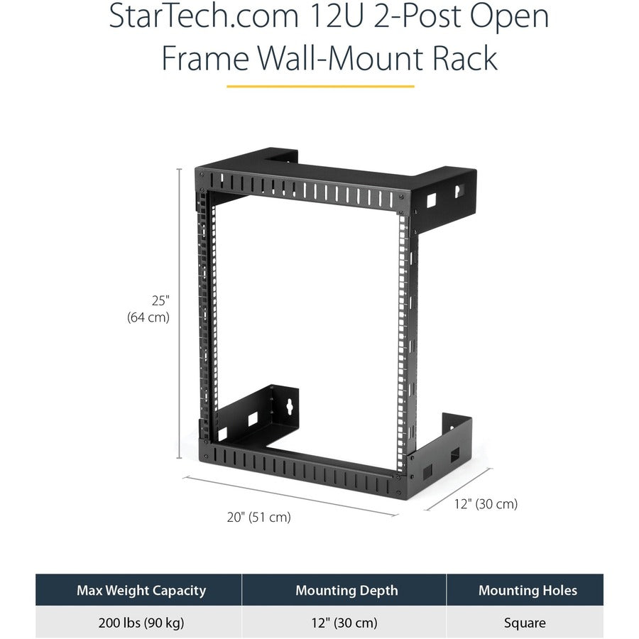 StarTech.com 12U 19" Wall Mount Network Rack, 12" Deep 2 Post Open Frame Server Room Rack for Data/AV/IT/Computer Equipment/Patch Panel with Cage Nuts & Screws 200lb Weight Capacity, Black RK12WALLO