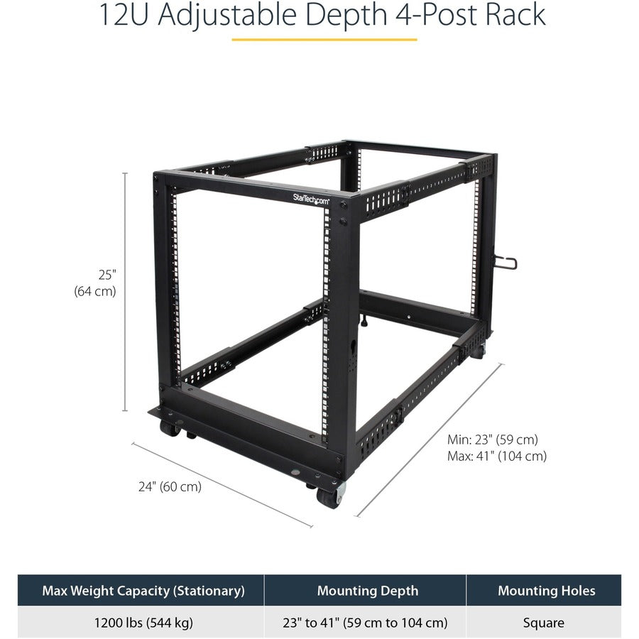 StarTech.com 12U Adjustable Depth Open Frame 4 Post Server Rack w/ Casters / Levelers and Cable Management Hooks 4POSTRACK12U