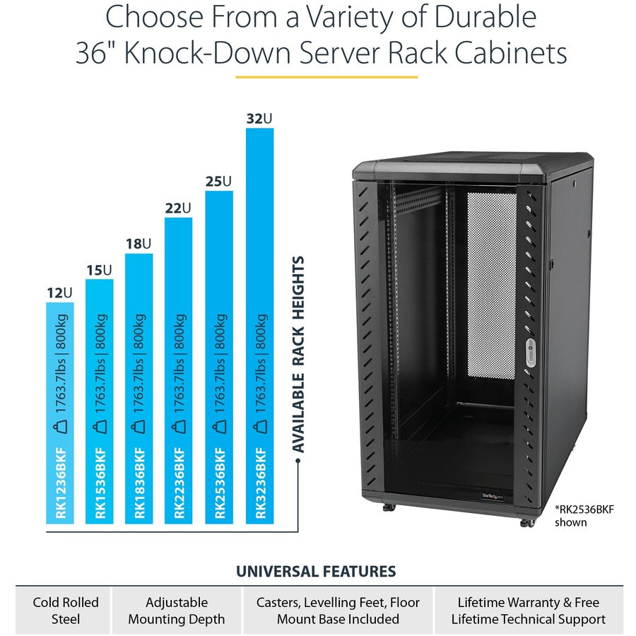 StarTech.com 18U 19" Server Rack Cabinet - 4 Post Adjustable Depth (6-32") Locking Knock Down Enclosure - Mobile w/Glass Door & Casters RK1836BKF