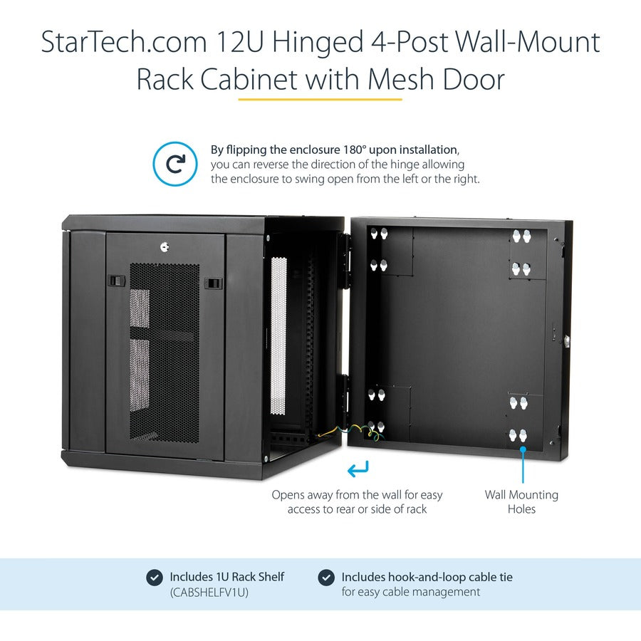 StarTech.com 12U 19" Wall Mount Network Cabinet - 20" Deep Hinged Locking IT Data Enclosure - Flexible Vented Rack w/Shelf - Switch Depth RK1224WALHM