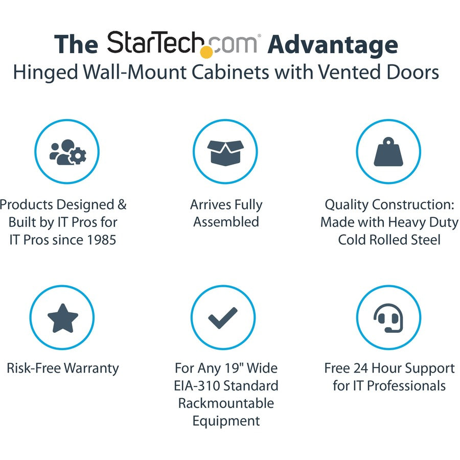 StarTech.com Armoire réseau 12U 19" à montage mural - 16" de profondeur, verrouillage à charnière flexible pour équipement de données informatiques, boîtier de commutateur ventilé avec étagère RK12WALHM