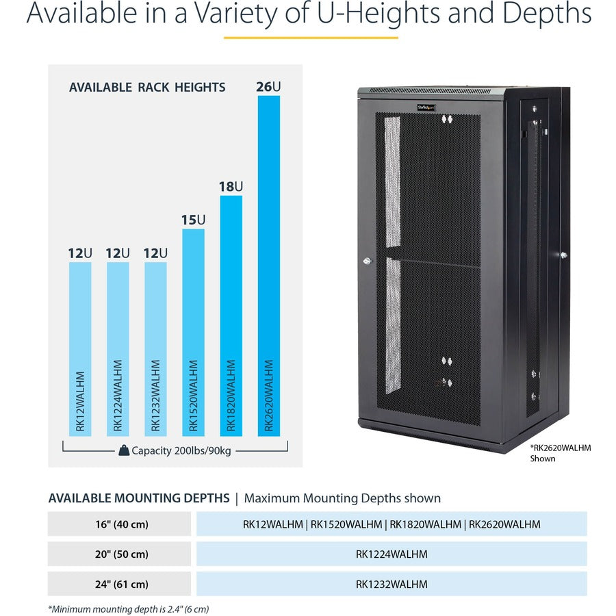 StarTech.com Armoire réseau 12U 19" à montage mural - 16" de profondeur, verrouillage à charnière flexible pour équipement de données informatiques, boîtier de commutateur ventilé avec étagère RK12WALHM