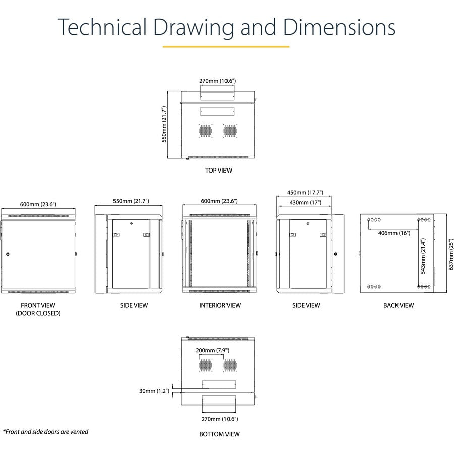 StarTech.com Armoire réseau 12U 19" à montage mural - 16" de profondeur, verrouillage à charnière flexible pour équipement de données informatiques, boîtier de commutateur ventilé avec étagère RK12WALHM