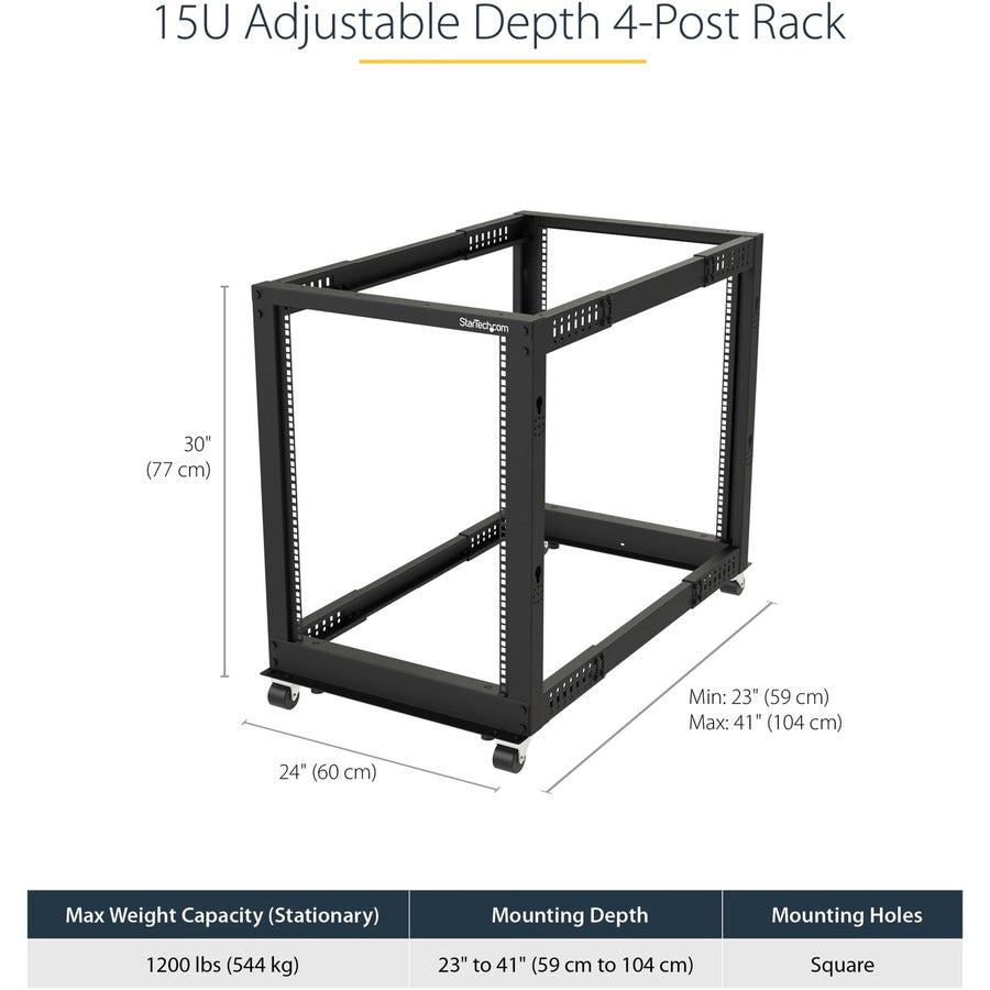 StarTech.com 15U 19" Open Frame Server Rack - 4 Post, Adjustable Depth 22 to 40" - Mobile Network Equipment Rack - HP ProLiant ThinkServer 4POSTRACK15U