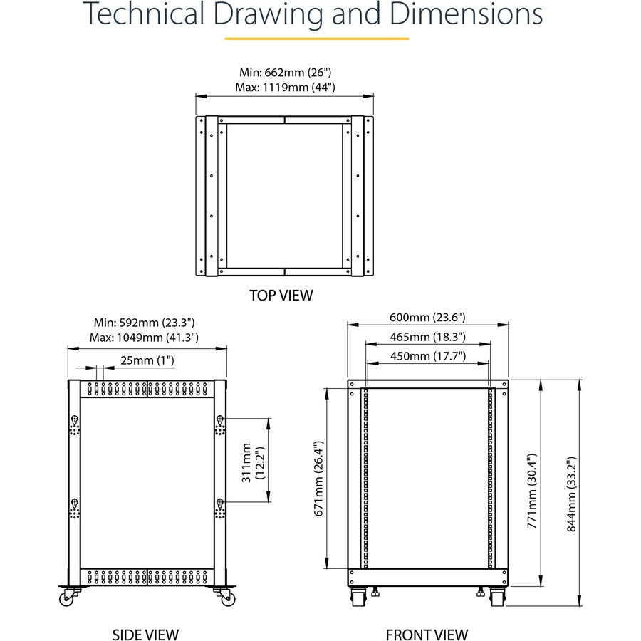 StarTech.com 15U 19" Open Frame Server Rack - 4 Post, Adjustable Depth 22 to 40" - Mobile Network Equipment Rack - HP ProLiant ThinkServer 4POSTRACK15U