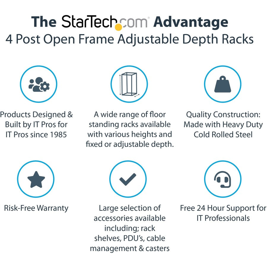 StarTech.com 42U Adjustable Depth Open Frame 4 Post Server Rack Cabinet - Flat Pack w/ Casters, Levelers and Cable Management Hooks 4POSTRACK42